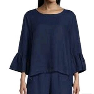 bryn Walker Navy Blue Fran 3/4 Bell Sleeve  Linen Blend Asymetrical Hem Sz XL